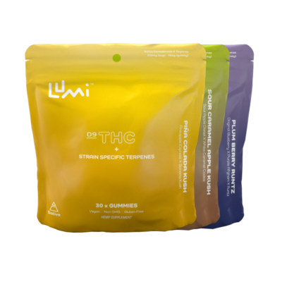 A bundle of three 30-count bags of Limited Lumi Gummies Flavors Strain Bundles featuring Orange Cream Cookies, Pina Colada Kush, and Durban Zkittlez.